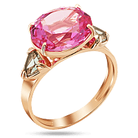 Золотое кольцо с розовым корундом и кварцем 039174