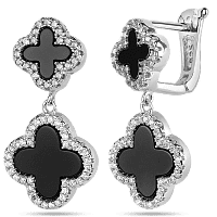 Серебряные серьги с подвесным клевером из оникса и фианитов 039459