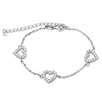 Нежный серебряный браслет с тремя сердечками из белых фианитов и дополнительной цепочкой 039751