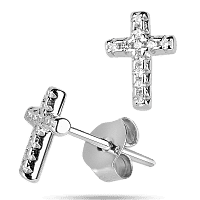 Маленькие серьги - пусеты на зажиме Кресты с белыми фианитами 925 пробы 039648