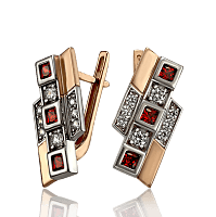 Прямолинейные золотые сережки с красными камнями Доминикана 033686