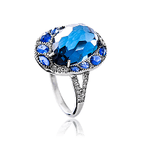 Золотое кольцо с крупным Лондон топазом, сапфирами и бриллиантами 034010