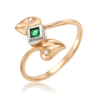 Золотое кольцо Листики с бриллиантами и изумрудом 033869