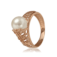 Золотое кольцо с жемчугом и фианитами 028673