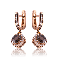 Сережки підвіски золоті з фіанітами і круглим раухтопазом 034591