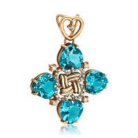 Золотой кулон в виде крестика с голубым топазом и бриллиантами 035779