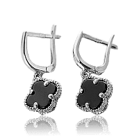 Сережки золотые Клевер с черным ониксом 033058