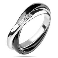 Двойное кольцо из серебра и черной керамики и вставками из фианитов 039408