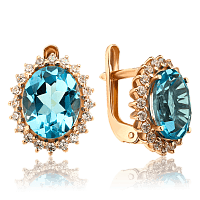 Золоті сережки овальної форми з блакитним топазом і фіанітами 035885