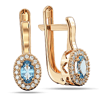 Золотые серьги с голубым топазом в овальной форме и фианитами по кругу с вырезами сердец 040276