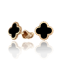 Стильні золоті сережки-пусети Конюшина з чорною емаллю в стилі Ван Кліф 032532