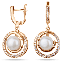 Золотые серьги с жемчугом и фианитами на английском замке 512106