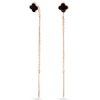 Серьги - протяжки в красном золоте Клевер с черной эмалью 039091