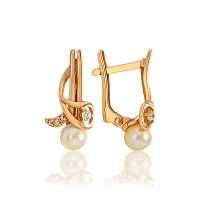 Жіночі золоті сережки з перлиною і фіанітами 033428