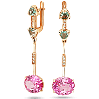 Золотые серьги с розовым корундом, кварцем и фианитами 039173