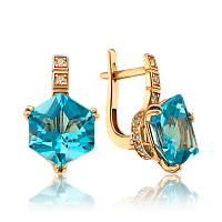 Ніжні золоті сережки з блакитним топазо і фіанітами 036439