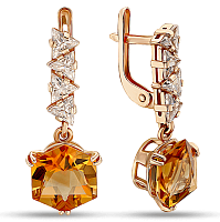 Золотые серьги подвески с цитрином и фианитами 036270