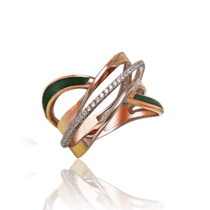 обзорное фото Золотое кольцо с зеленой эмалью и фианитами 030788  Эксклюзивные кольца из золота