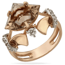 обзорное фото Золотое кольцо с дымчатым кварцем и фианитами Сальса 033955  Золотые кольца