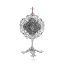 обзорное фото Серебряная икона Спас Нерукотворный с камнями настольная035967  Иконы серебро