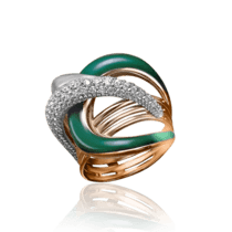 обзорное фото Массивное золотое кольцо с зеленой эмалью и фианитами 030825  Эксклюзивные кольца из золота